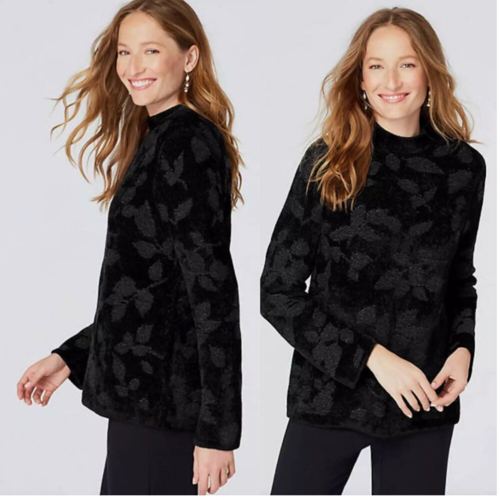 NWT J.JILL Jacquard Leaf Pattern Soft Chenille Sweater Black Size LP